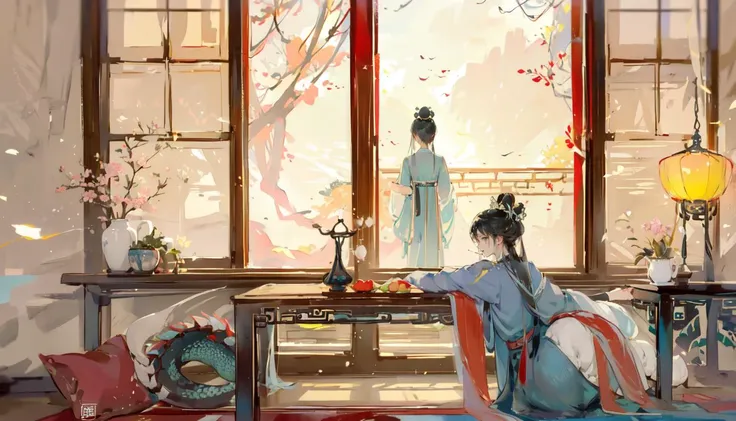 Hanama wine,sitting,painting (object),single hair bun,indoors,hair bun,long sleeves,multiple boys,table,holding,robe,profile,2boys,lattice,outstretched arm,ceiling,long hair,male focus,eastern dragon,black hair,hair pulled back,looking at another,on floor,...