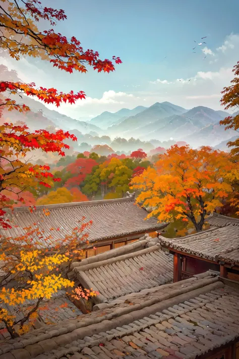 -Hanama wine, scenery, no humans, tree, east asian architecture, architecture, mountain, outdoors, autumn leaves, leaf, sky<lora:Hanama wine-000018:0.8>,