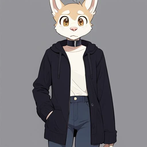 a cartoon cat wearing a jacket and jeans standing in front of a gray background