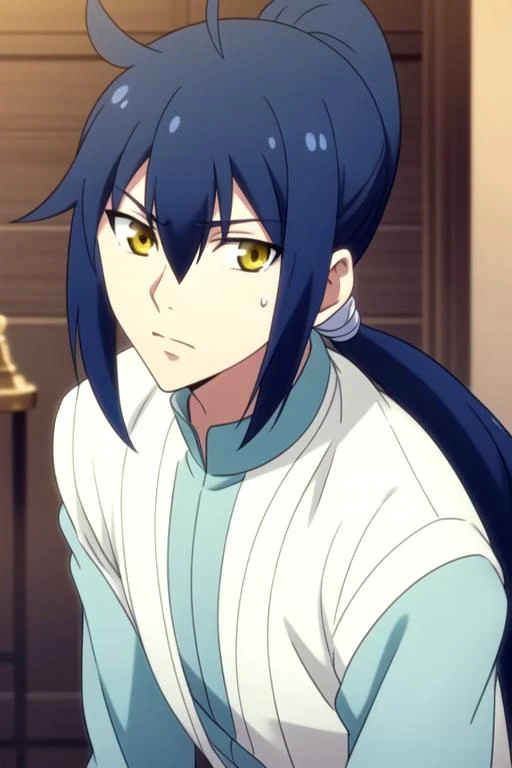 masterpiece, best quality, game cg, 1boy, solo, male focus, looking at viewer, , depth of field, anime coloring, , <lora:jinghua_yang:0.68>, jinghua_yang, blue hair, yellow eyes, long hair, ponytail, low ponytail