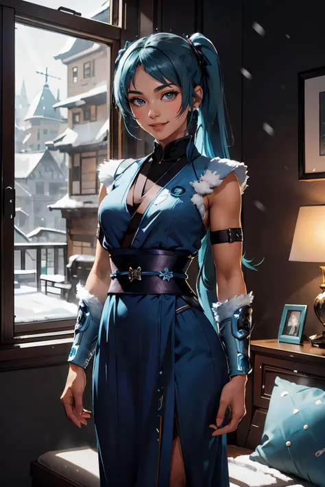 zbzr, hatsune miku, blue twintail hair, blue robes, armor, sash, looking at viewer, smiling, happy, upper body shot, 
standing, inside a cozy living room, playful ambiance, window, snow, winter, extreme detail, masterpiece,  <lora:zbzr_v3:.8>