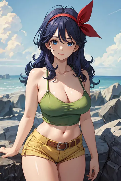 masterpiece, best quality, ultra-detailed, lunchdb-good, ((milf, mature face, tall)), blue hair, navel, blue eyes, cleavage, long hair, green crop top, light green shirt, hairband, yellow shorts, belt, bare shoulders, collarbone, camisole, ribbon, shirt, r...