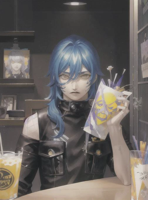 anime girl with blue hair holding a box of food and a drink