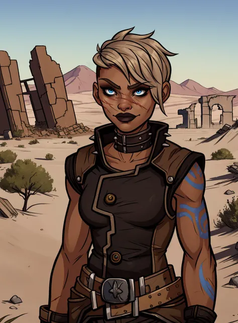 a cartoon image of a woman in a desert with a gun