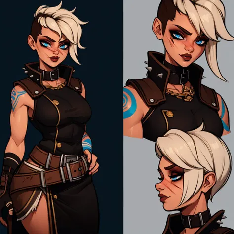Best_QualityPos, RAW photo, intricate details, best quality, 8k uhd, soft lighting, 1girl, solo, Tyreen, white hair, blue eyes, two-tone hair, blue left arm tattoo, scars on face, undercut, eyeshadow, eyebrow cut, dark makeup, TyrCoat, fingerless gloves, s...