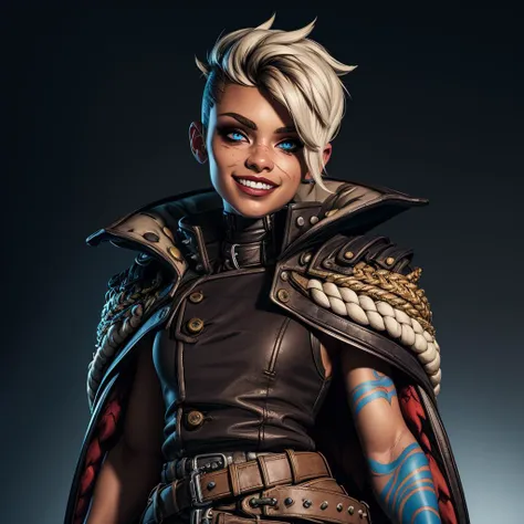 Best_QualityPos, RAW photo, intricate details, best quality, 8k uhd, soft lighting, 1girl, solo, Tyreen, white hair, blue eyes, two-tone hair, blue left arm tattoo, (scars on face:1.1), undercut, eyeshadow, eyebrow cut, dark makeup, (TyrCoat:1.2), jacket, ...