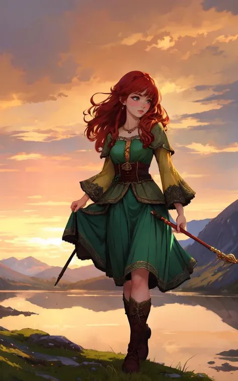 outdoor Scottish highlands, vivid sunset hues, fantasy setting. A striking redhead woman, (distinctly Scottish), wearing an elaborate elven inspired gown is a fusion of deep emerald green and earthy browns, with intricate Celtic knotwork embroidery in gold...