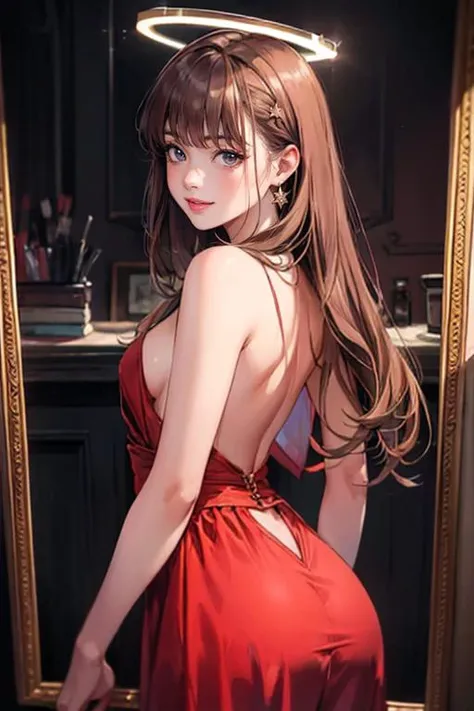 ((masterpiece)), ((detailed)), ((best quality)), (Breathtaking), ((Spectacular)), (Impressive), Woman,red dress,smile,bangs,Oil painting, Oil on canvas, Traditional painting, shallow lighting, Rim light, Separation light, Halo effect, Small aperture, Sharp...