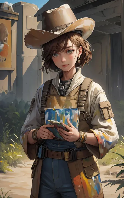 (style of Oil Paints:1.5),  (Alien Anthropologist in the Wild West of a New World, Space Western:1.1), A woman, an anthropologist from Earth, finds herself in the equivalent of the Wild West on a newly discovered planet. Shes dressed in a blend of Earthly ...