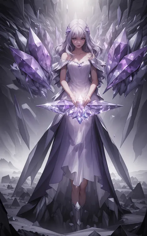 (style of Digital Matte Paintings:1.5),  (Cinematic shot, Crystal Cave Young Adult Woman Guardian:1.4), silver and purple crystal shard armor, broken glass floor, Glowing crystals, ethereal light, protective stance, purple magenta enchanted spear with powe...