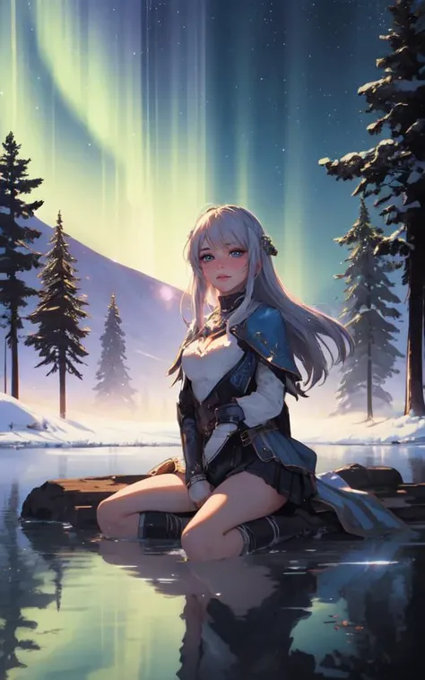 (cowboy shot, solo_focus, cinematic photoshoot of perfect seductive young woman:1.3), In the heart of a moonlit, ancient forest, a solitary Valkyrie kneels beside a serene lake. The water mirrors the night sky, dotted with constellations. Around her, ether...