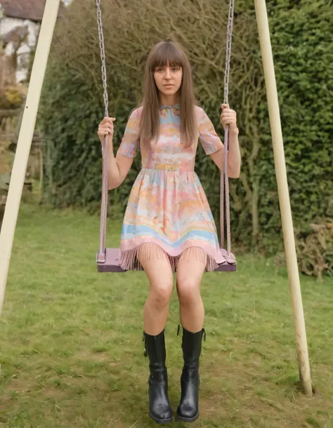 araffed woman in a dress and boots on a swing