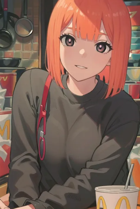 yorumac, <lyco:yorumac-lyco-nochekaiser:1>,
yoru mac, short hair, bangs, (black eyes:1.5), blunt bangs, orange hair, bob cut, sm...