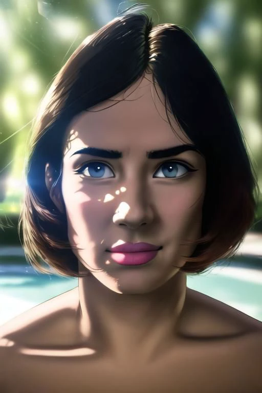 a painting of a woman with a short hair and blue eyes