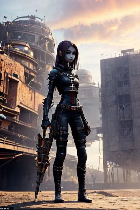 a woman in a futuristic outfit holding a gun in front of a city