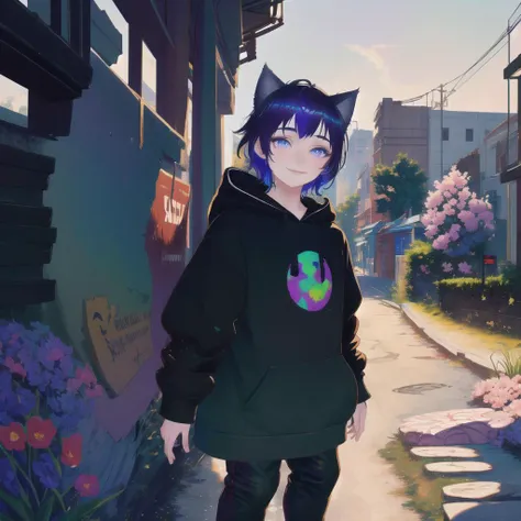 anime girl with blue hair and black hoodie standing on sidewalk