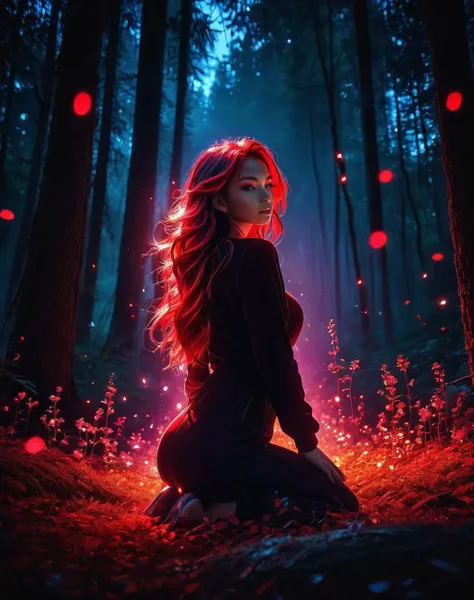 <lora:Dark_Aura_XL_-_Filled_with_miasma:1> dark aura,  dynamic angle, 8K, red, HD, light particles floating, kneeling in the forest watching spirits, eerie aura, chromatic aberration, colorful forest lights during night time, oily skin,dynamic angle, color...