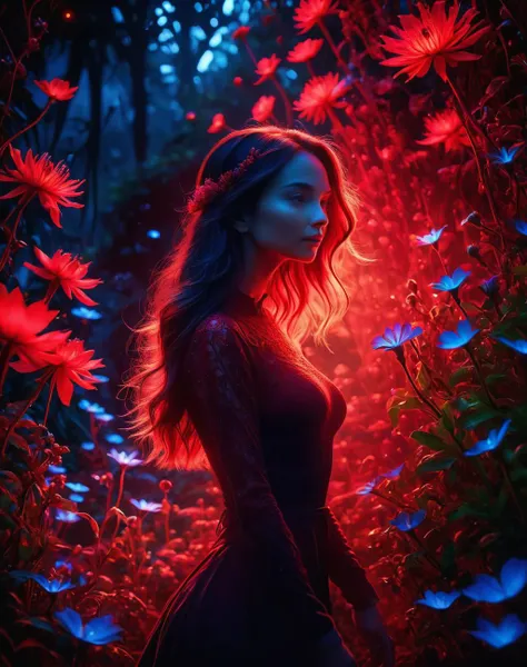 <lora:Dark_Aura_XL_-_Filled_with_miasma:1> dark aura,  dynamic angle, 8K, red, HD, visually stunning scene featuring a captivating woman surrounded by an enchanting garden of surreal, bioluminescent flowers in an otherworldly twilight setting