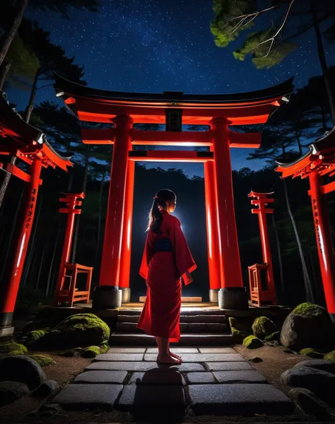 <lora:Dark_Aura_XL_-_Filled_with_miasma:1> dark aura,  dynamic angle, 8K, red, HD, hiding in the shadows, at a japanese shrine at night, beautiful night sky, woods in the background, outdoors, full body, detailed, action pose, dynamic angle