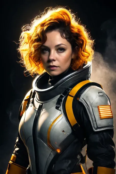 older 1woman Drenna Pax portrait, fashion construction spacesuit overall, shorthair curly highlights, hardship, (dark aura:1.2) backlit, miasmatic vapors mist, <lora:Dark_Aura_XL_-_Filled_with_miasma:1> simple background, simple background, by, form, yello...