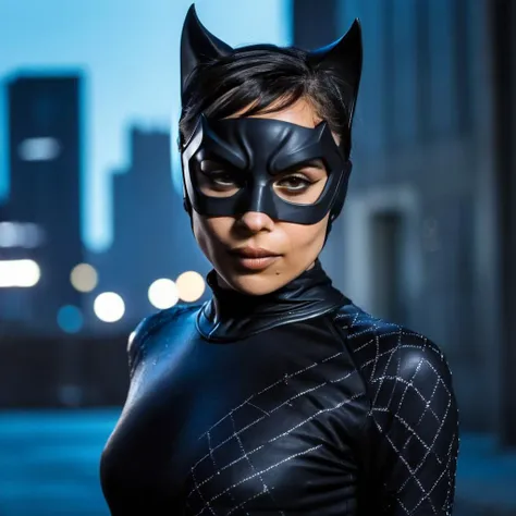 Cinematic, Instagram iPhone closeup Portrait photo of a woman with short hair wearing a masked (catwoman outfit) in gotham city at night, Nikon Z9, (sharp focus), (high quality),  <lora:zokravitz_xl_1_standard_merger_47_59_83_05_03_02:1>