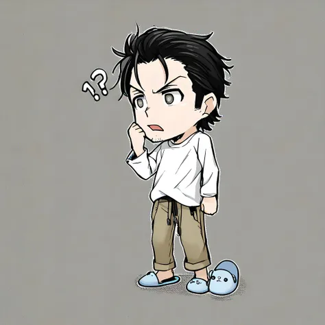 1boy, solo, okabe rintarou, black eyes, grey eyes, standing, white shirt, white background, slippers, !?, pants, meme, screenton...