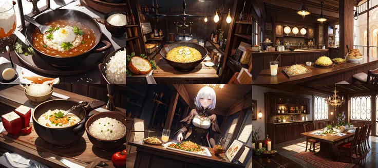 (otherworldly, otherworldly atmosphere, otherworldly appearance), highly insanely detailed, masterpiece, top quality, best quality, highres, 4k, 8k, RAW photo, no humans, food Italian, Risotto, Simmered, Risotto dish, Arborio rice, Broth, Parmesan cheese, ...