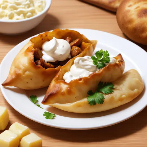 best quality,masterpiece,highly detailed,ultra-detailed, 
no humans,  food Polish, Pierogi, Boiled or Fried, Plate, Pierogi dough, Potato or meat filling, Sour cream
,<lora:neg4all_bdsqlsz_V3.5:-1>  
 <lora:foodphoto_last:2.5> 
<lora:Vectorart_last:1.5>