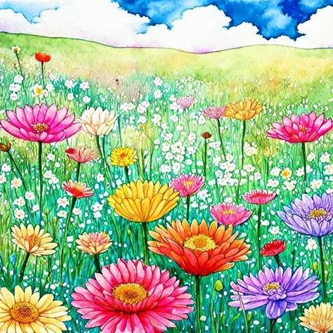 flower meadow, beautiful colors, watercolor, clouds