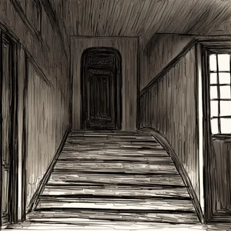 black souls, door, hallway, indoors, monochrome, railing, scenery, sketch, stairs, sushi yuusha toro, window, no humans