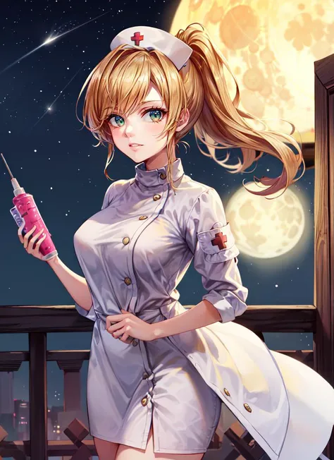 anime nurse holding a syom and a bottle of blood