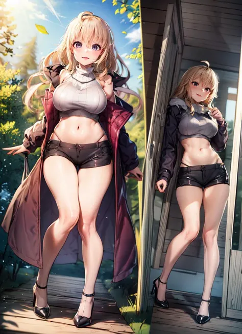 ((best quality)), ((highly detailed)), extremely detailed face, beautiful face, , (1girl), (glasses), different views, dynamic pose, full body, ((winter jacket, <lora:microshorts5R12:1>, micro shorts, blonde shorts, midriff, high-heels)), <lora:hairdetaile...