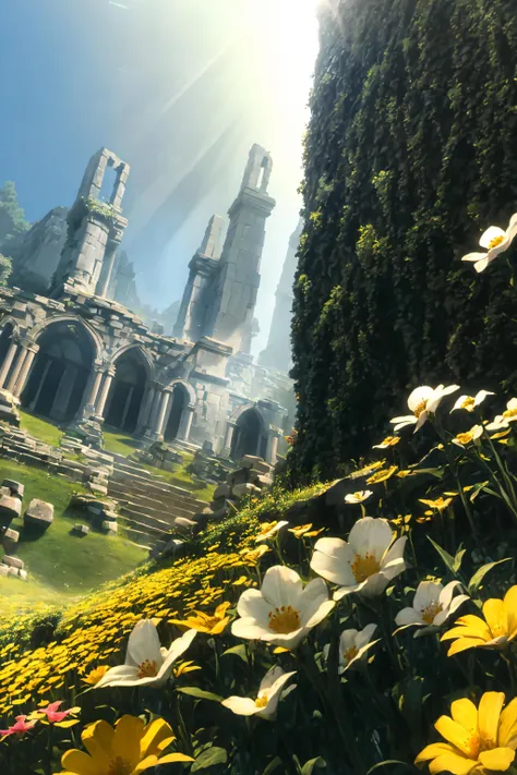 flowers in front of a castle with a sunbeam