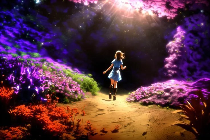 arafed image of a girl running through a field of flowers