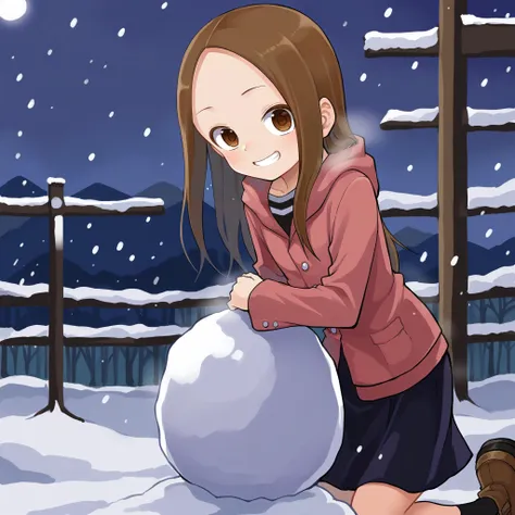 anime girl kneeling down next to a snowball in the snow