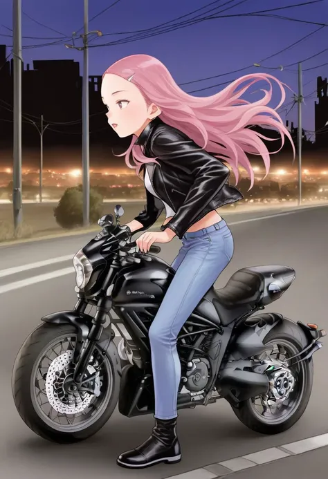 score_9, score_8_up, score_7_up, rating_safe BREAK 1girl, forehead, pink hair, hair flowing over, blue jeans, leather jacket, riding, motorcycle
BREAK
wide shot, full body, from side, riding, motorcycle, on motorcycle, highway, city background