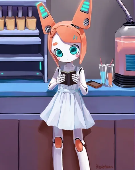 cartoon girl in a white dress standing in front of a counter