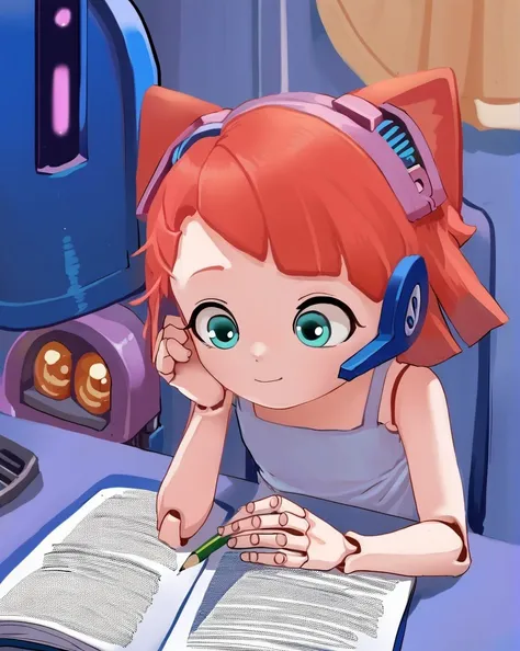 anime girl with red hair and headphones sitting at a desk with a book