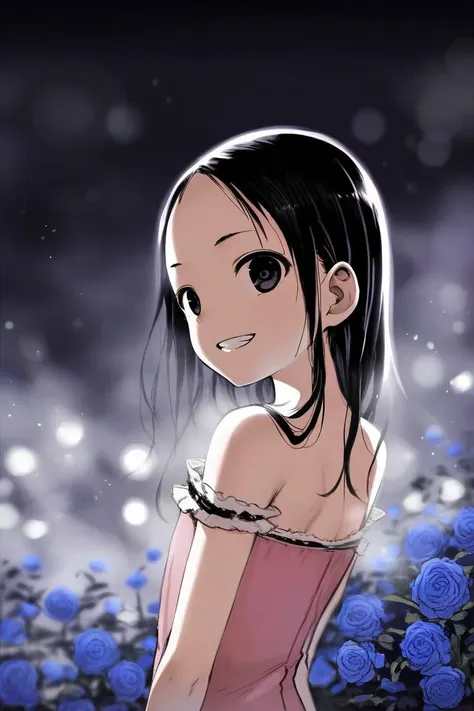 a girl in a pink dress standing in a field of blue roses