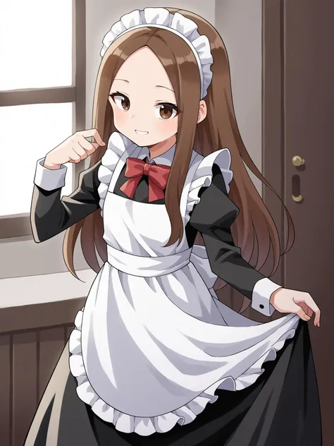 a close up of a woman in a maid outfit holding a knife