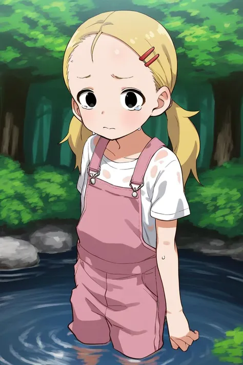 a cartoon girl in overalls standing in a pond of water