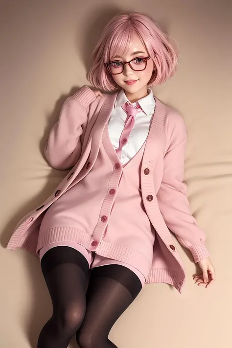 (masterpiece, best quality), 1girl,  <lora:MiraiK:1> 1girl, miraik, pink hair, golden eyes, cardigan, school uniform, open cloths, black pantyhose, lying,bob cut,  beautifull eyes,detailed ,smile,lips,