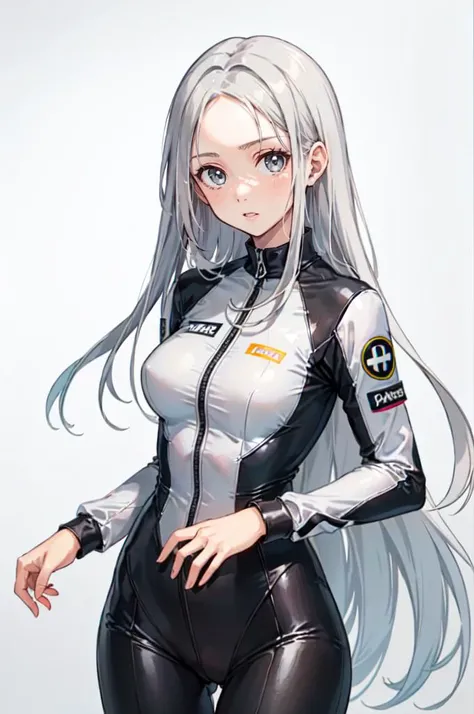 <lora:MyRaceQueentest42test2:0.5> bodysuit, race_queen, bikesuit,, ultra detailed, masterpiece, best quality, aesthetic, detailed,, serious, 1girl, (white eyes:1.1), (grey eyes:1.3), white hair, very long hair, parted hair, parted bangs, <lora:parted_hair_...