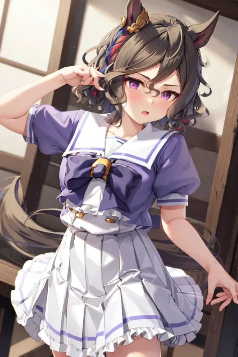 anime girl in a short dress with a cat ears and a purple dress