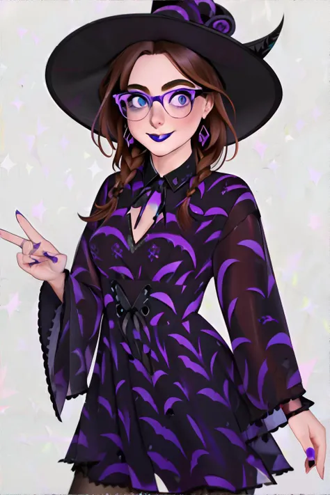 <lora:witchypurpleandblackdress-freckledvixon:0.7>, purpl3b4ts,long sleeves,hat,black and purple dress, pantyhose, <lora:bzl:0.8>, bzl_test, short wavy brown hair, (grey|blue) eyes, glasses, (freckles:0.4), closed smile || skin, hair, clothing, masterpiece...