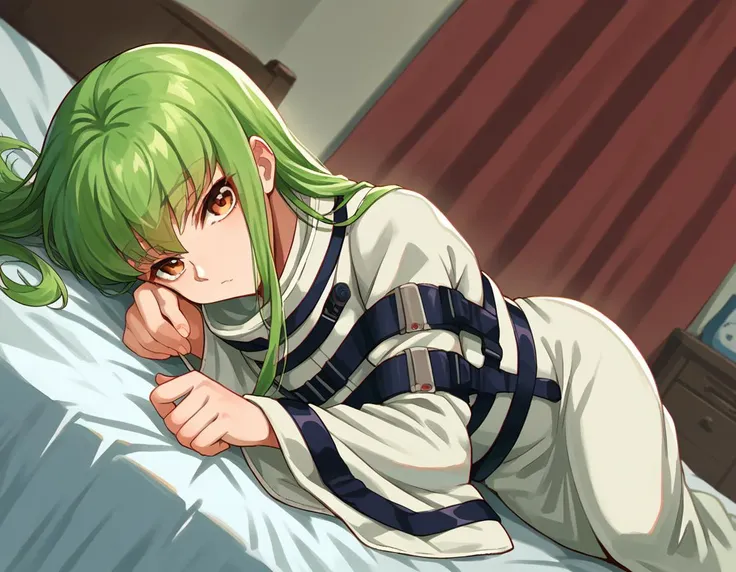 score_9, score_8_up, score_7_up, source_anime,
codegeasscc, <lora:codegeass-cc-ponyxl-lora-nochekaiser:1>,
cc, brown eyes, green hair, long hair, straight hair,
straitjacket, white straitjacket, wide sleeves,
indoors, bed, bed room, on side,
looking at vie...