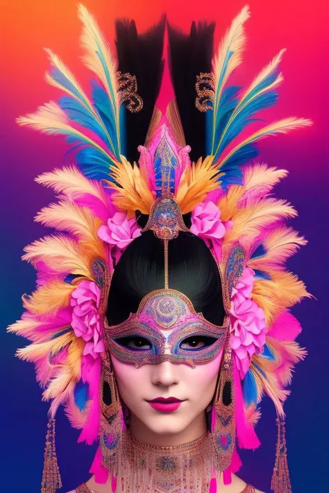 Centered detailed portrait of a masked woman wearing a venetian mask, vibrant peacock feathers, intricate, elegant, highly detailed, digital painting, artstation, smooth, sharp focus, illustration, illuminated lines, outrun, vaporware, intricate venetian p...