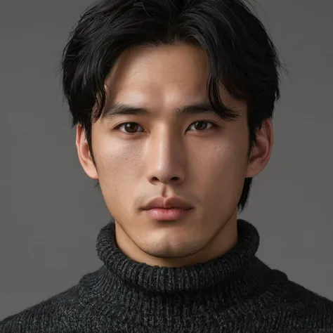 ck,Asian men,mole, solo, lips, mole_under_eye, realistic, upper_body, looking_at_viewer, black_hair, brown_eyes, sweater, forehead, nose, turtleneck, highly detailed <lora:style_lora_realis:0.4>