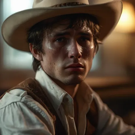 Best quality, masterpiece, ultra high res, panorama, character portrait, very wide shot, narrow waist, cowboy shot night, close-up, streaming tears, indoor, dust, Tyndall effect, sad, disappointed, sitting, crying, frown, nervous, tearing up, lonely, white...