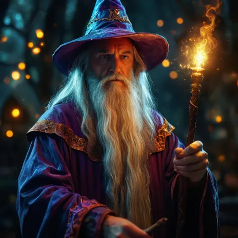 a wizard with a glowing staff and a glowing hat, colorful magic, dramatic atmosphere, sharp focus, highly detailed, cinematic, original composition, fine detail, intricate, elegant, creative, color spread, shiny, amazing, symmetry, illuminated, inspired, p...